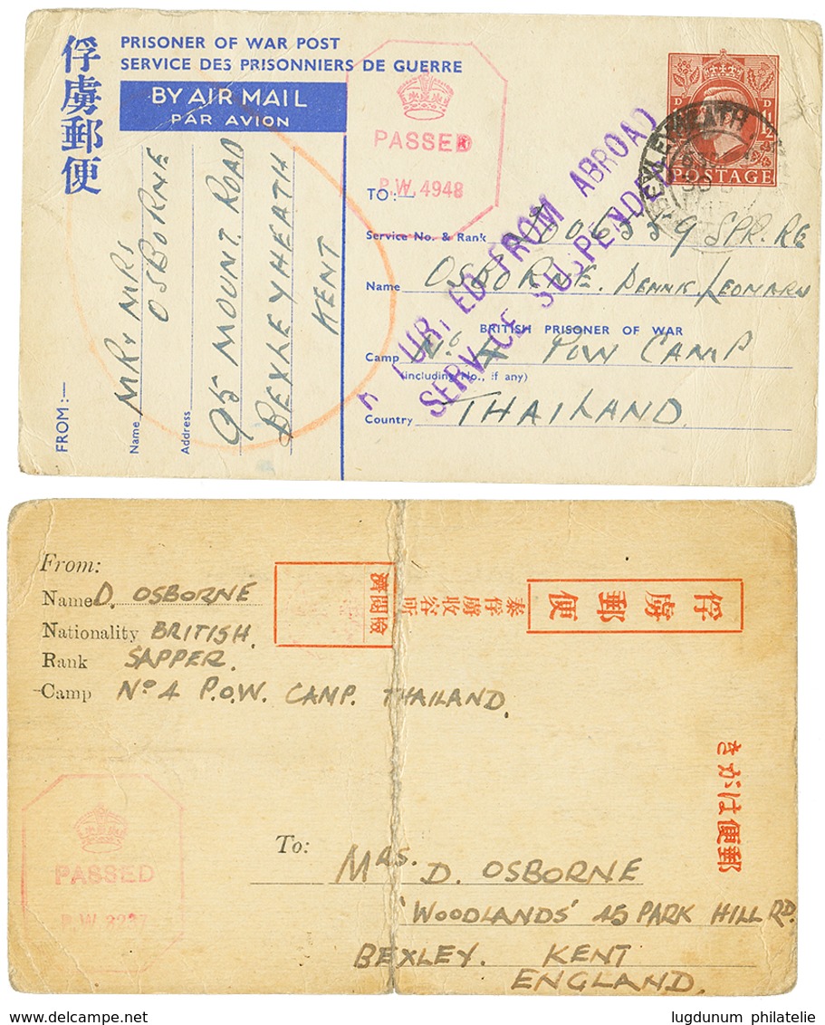 1179 P.O.W CAMP THAILAND : 1944 Card From N°4 P.O.W CAMP THAILAND + CENSOR To ENGLAND And 1945 P./Stat 1 1/2d To N°4 P.O - Siam