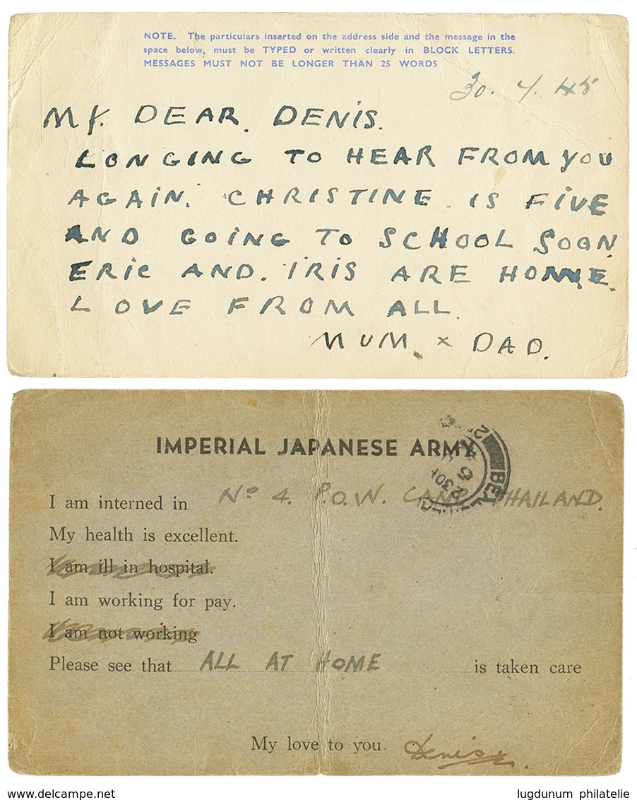 1179 P.O.W CAMP THAILAND : 1944 Card From N°4 P.O.W CAMP THAILAND + CENSOR To ENGLAND And 1945 P./Stat 1 1/2d To N°4 P.O - Siam