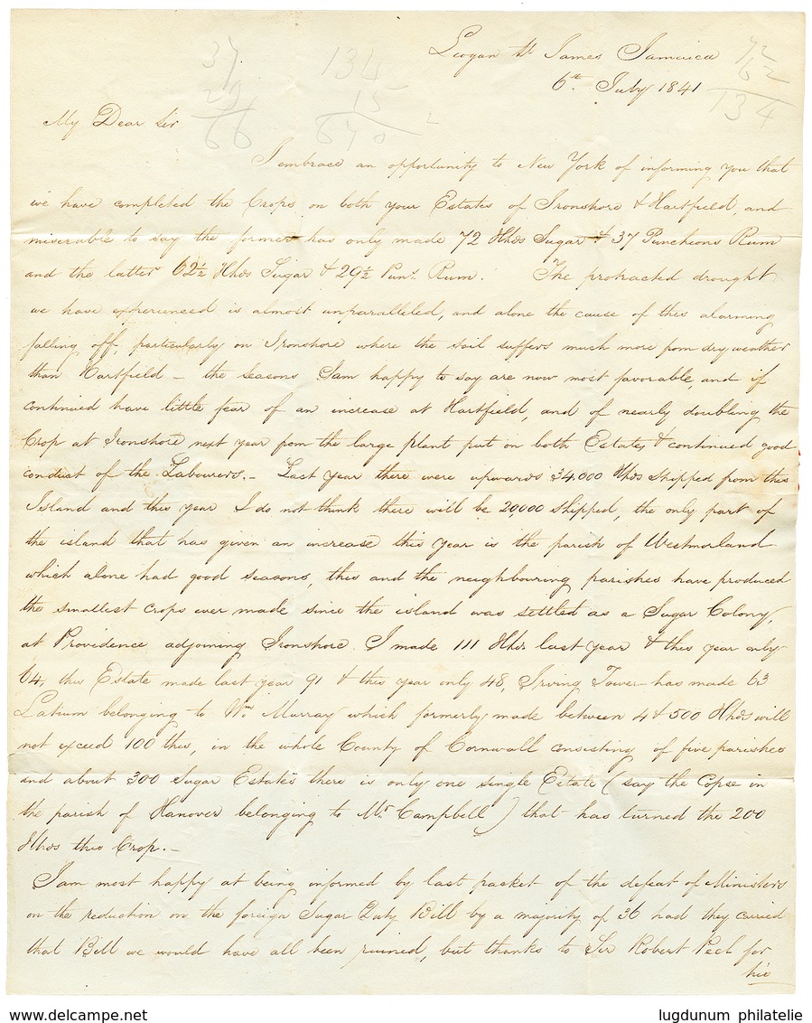 1180 1841 QUEENSTON U.C + SHIP + NEW-YORK On Entire Letter "LEOGANE JAMAICA" To Upper CANADA. Vvf. - Autres & Non Classés