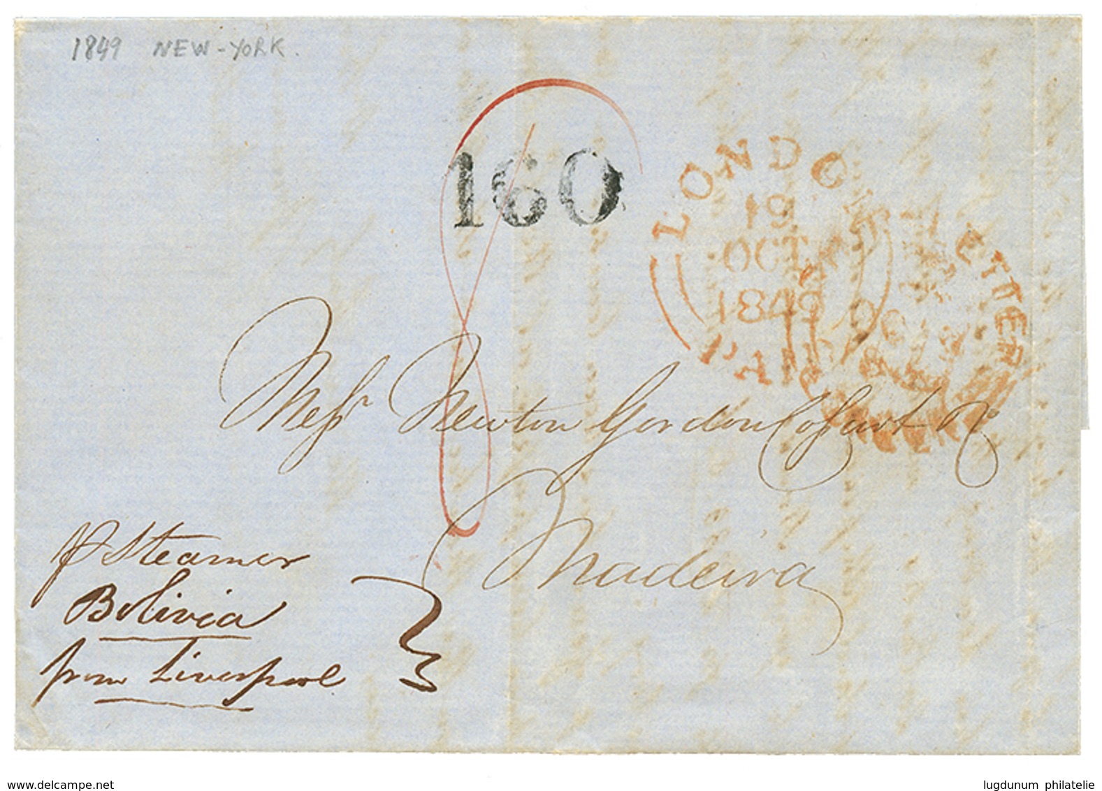 1183 1845 JAMAICA SHIP LETTER + "1/4" Tax Marking On Entire Letter From NEW YORK To JAMAICA. Superb. - Sonstige & Ohne Zuordnung