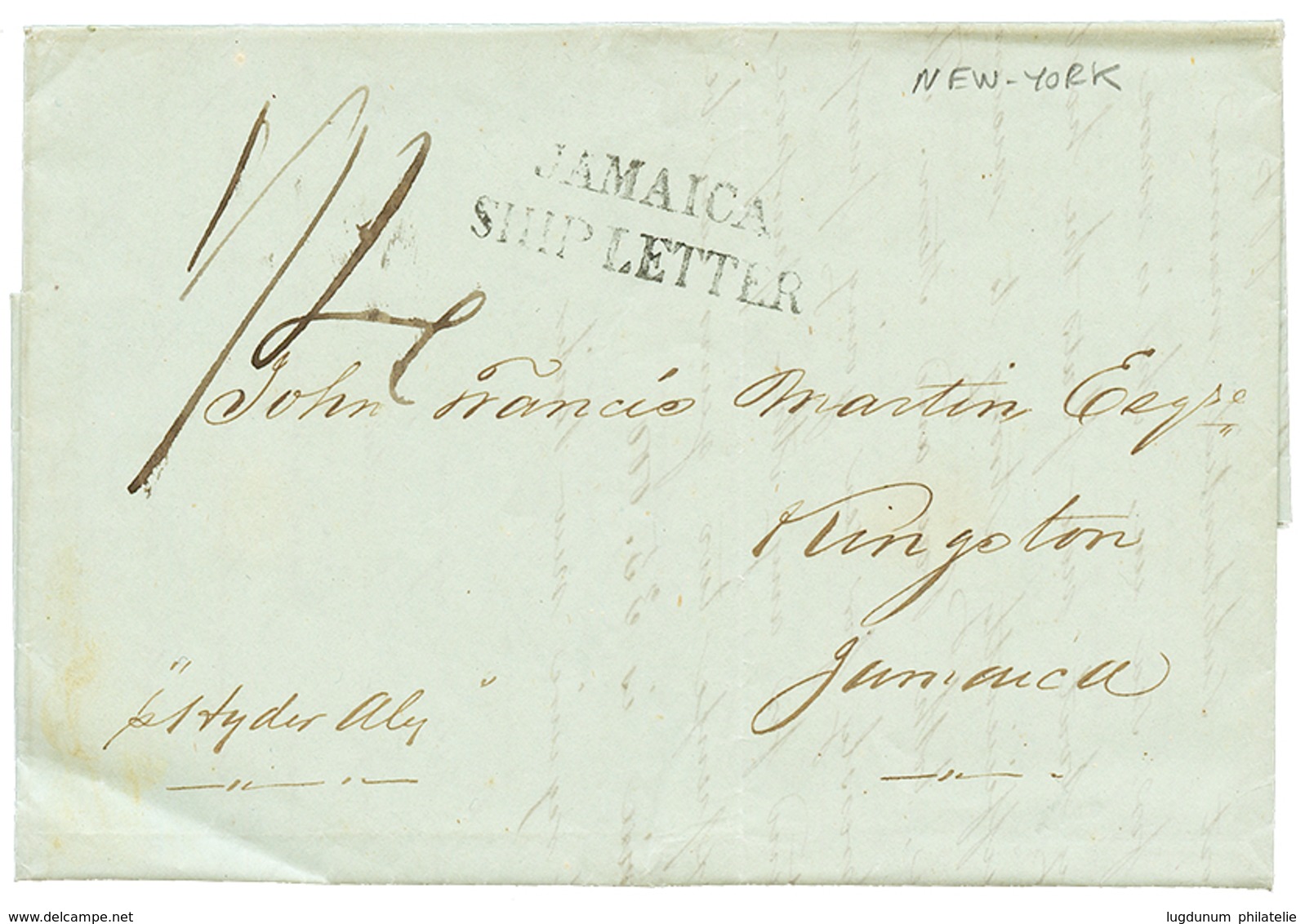 1184 1845 JAMAICA SHIP LETTER + "1/4" Tax Marking On Entire Letter From NEW YORK To JAMAICA. Superb. - Other & Unclassified