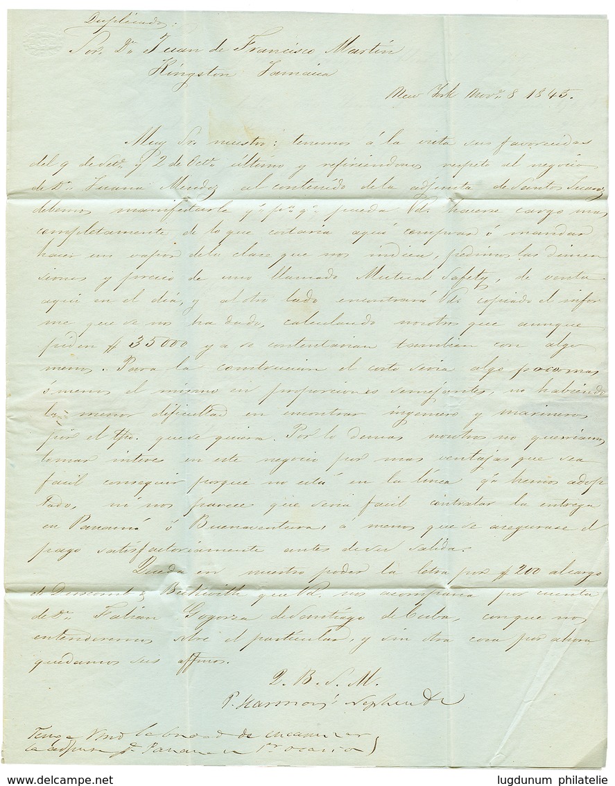 1184 1845 JAMAICA SHIP LETTER + "1/4" Tax Marking On Entire Letter From NEW YORK To JAMAICA. Superb. - Autres & Non Classés