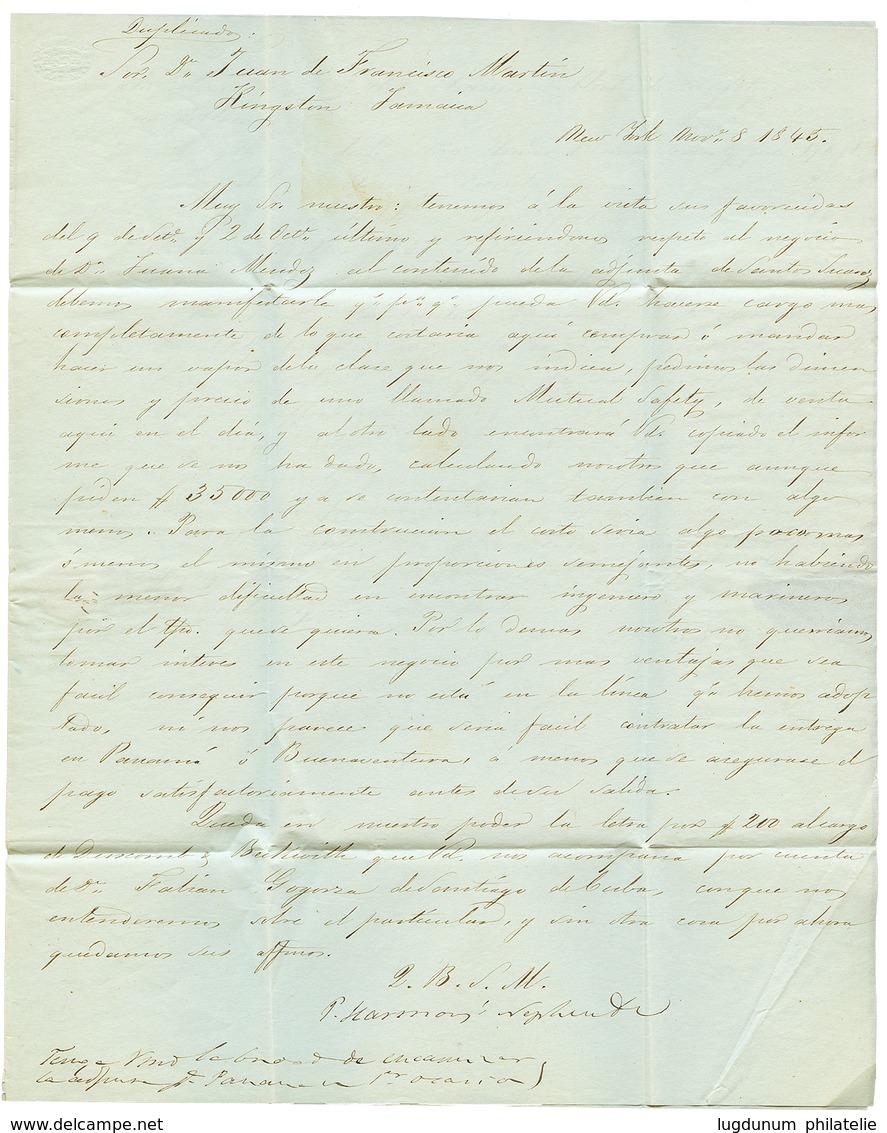 1184 1845 JAMAICA SHIP LETTER + "1/4" Tax Marking On Entire Letter From NEW YORK To JAMAICA. Superb. - Altri & Non Classificati