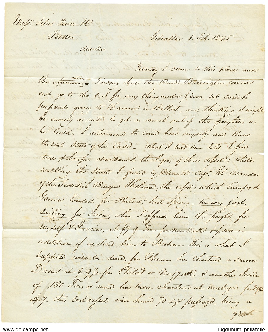 1186 1845 NEW YORK SHIP + PAID SHIP LETTER LONDON On Entire Letter From GIBRALTAR To BOSTON (USA). Vf. - Sonstige & Ohne Zuordnung