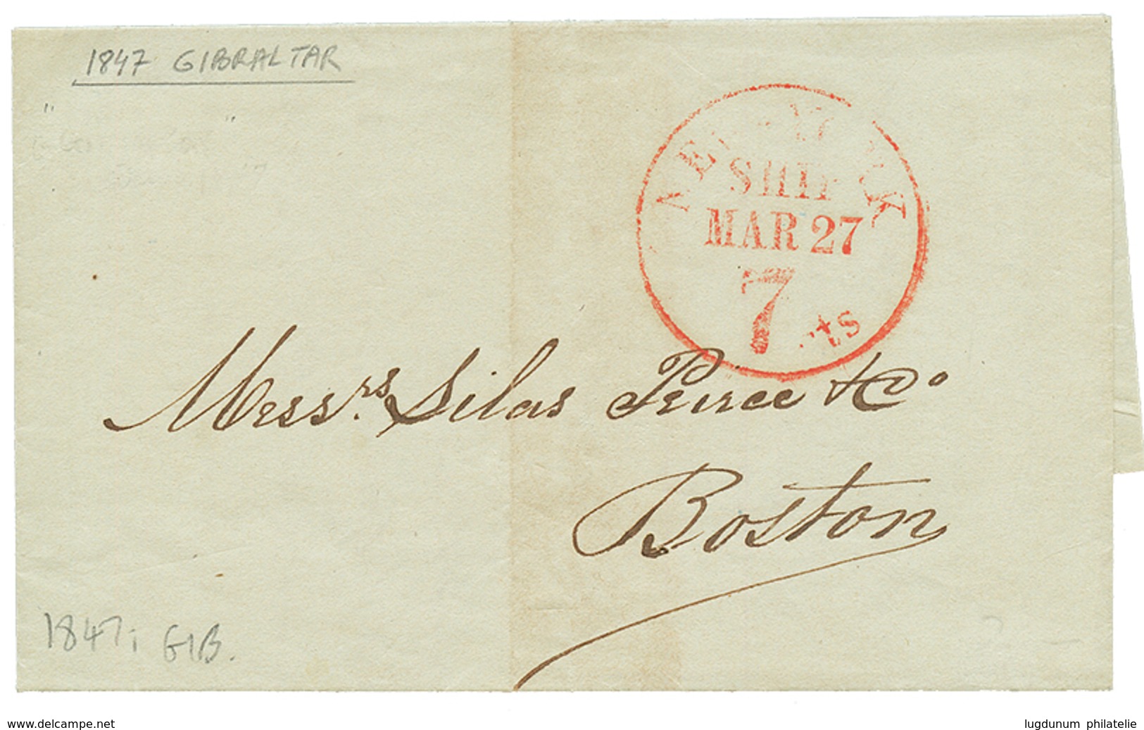 1188 1847 NEW YORK/SHIP/7cts Red On Entire Letter From GIBRALTAR To BOSTON. Vvf. - Autres & Non Classés