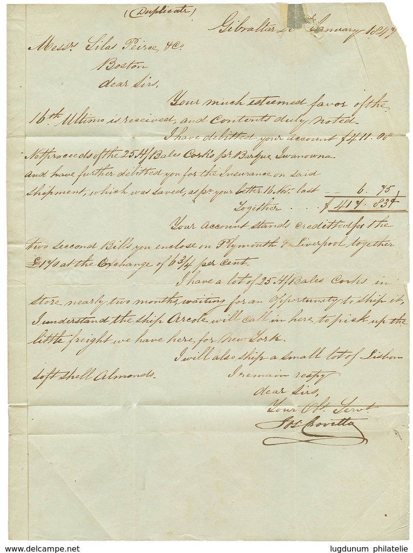 1188 1847 NEW YORK/SHIP/7cts Red On Entire Letter From GIBRALTAR To BOSTON. Vvf. - Altri & Non Classificati