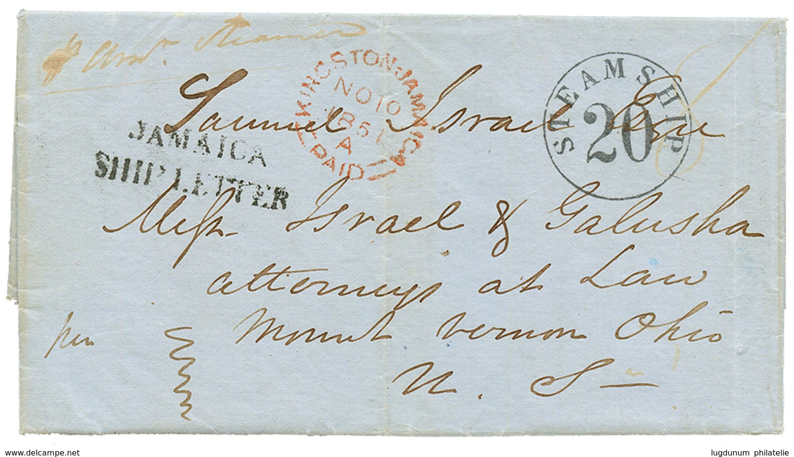 1190 1851 STEAMSHIP/20 + JAMAICA SHIP LETTER On Entire Letter From KINGSTON To MONT VERNON OHIO. Vvf. - Sonstige & Ohne Zuordnung