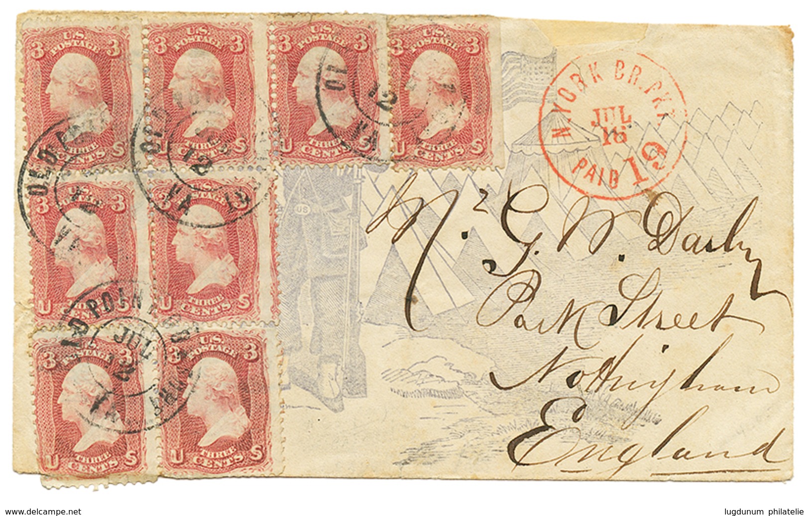 1191 UNITED STATES : 1862 3c(x8) Canc. On Superb Illustrated Envelope To ENGLAND. One Stamp With Fault (crease). RARE. V - Other & Unclassified