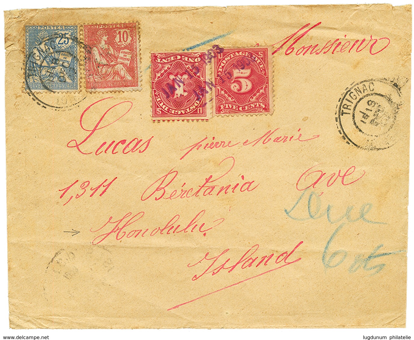 1194 1902 FRANCE 10c + 25c Canc. TRIGNAC On Envelope(small Fault) To HONOLULU HAWAÏ Taxed On Arrival With US POSTAGE DUE - Altri & Non Classificati