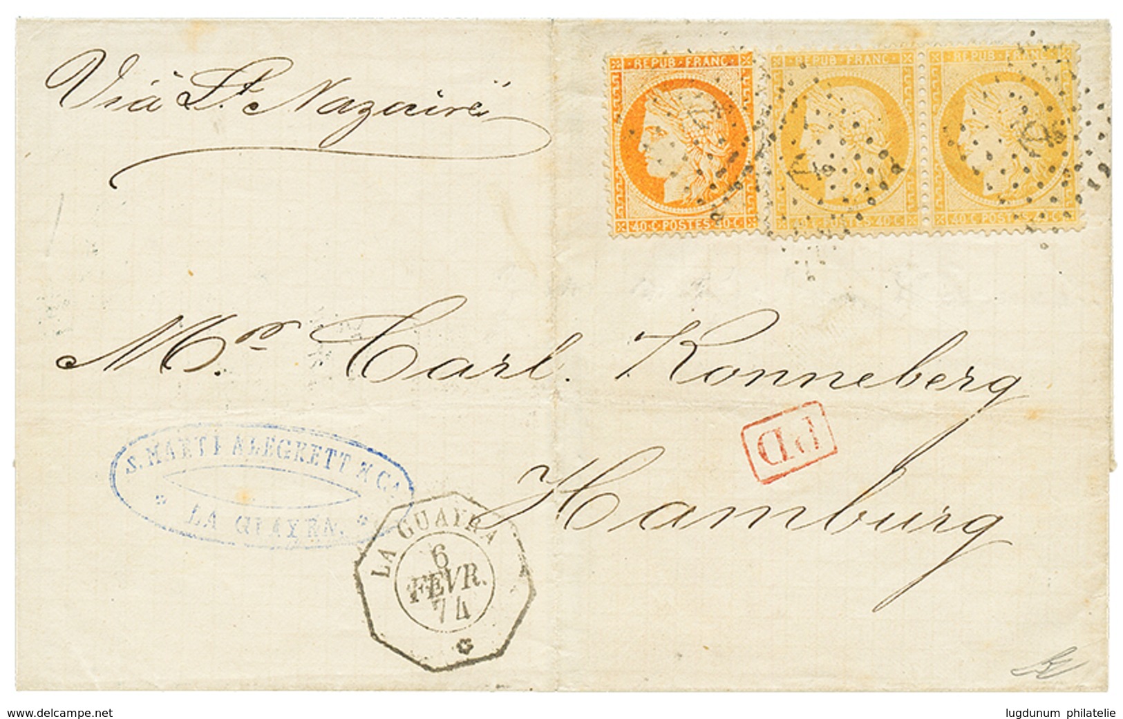 1195 VENEZUELA - French Mail : 1874 FRANCE 40c(x3) With 2 Different Shades Canc. ANCHOR + LA GUAYRA On Cover To HAMBURG. - Venezuela