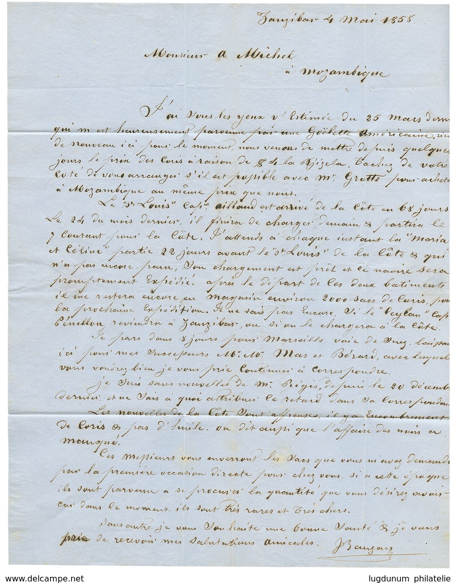 1196 "PRECURSEUR - ZANZIBAR Pour Le MOZAMBIQUE" : 1858 Lettre Avec Texte Complet Daté "ZANZIBAR 4 Mai 1858" Pour Le MOZA - Zanzibar (...-1963)