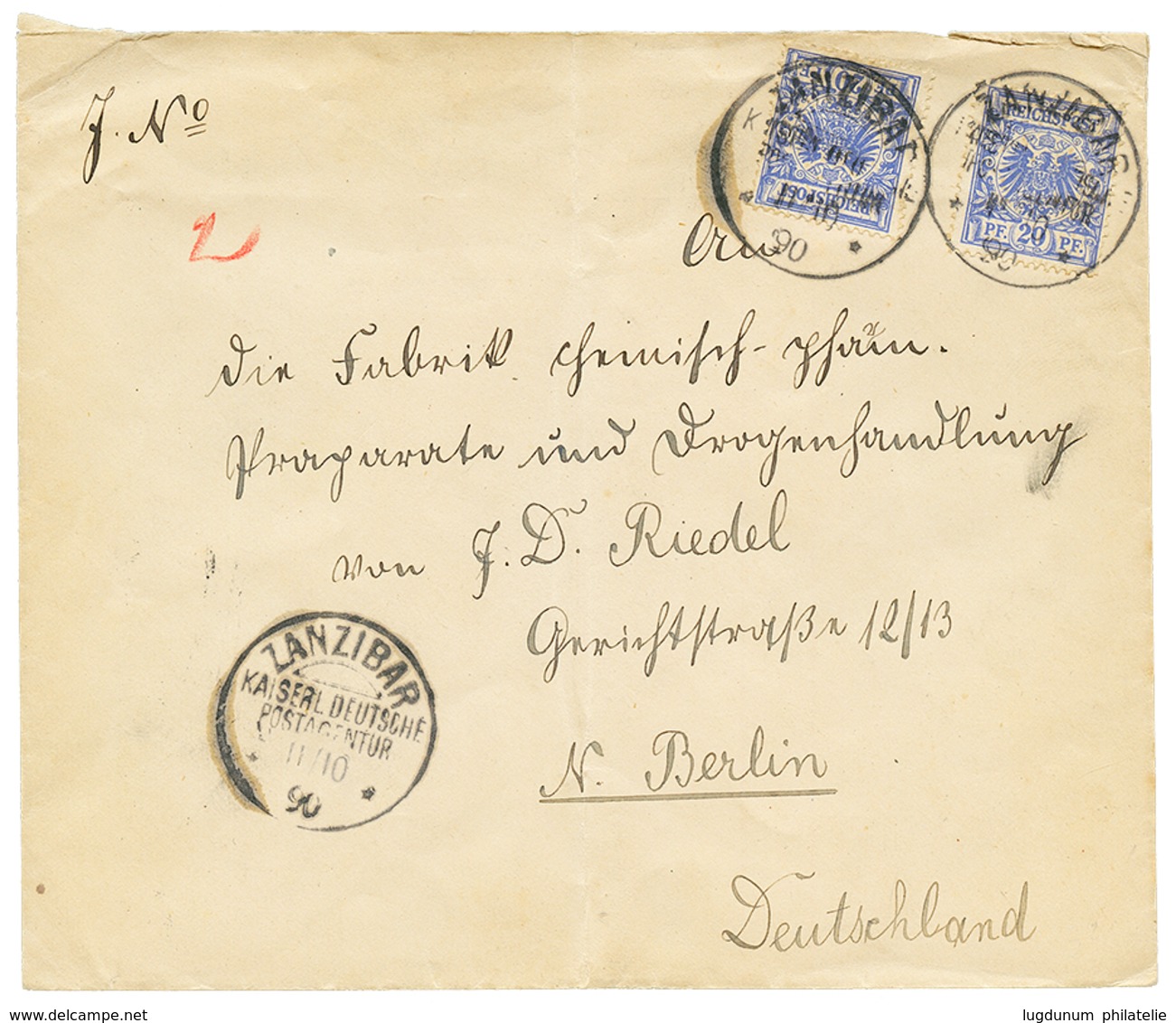 1197 1890 GERMANY 20pf(x2) Canc. ZANZIBAR On Envelope To BERLIN. Certificate JÄSCHKE-LANTELME (2017). Vf. - Zanzibar (...-1963)