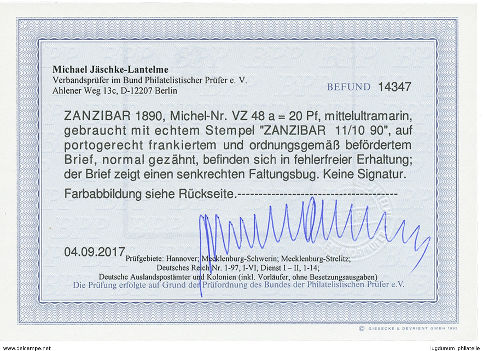 1197 1890 GERMANY 20pf(x2) Canc. ZANZIBAR On Envelope To BERLIN. Certificate JÄSCHKE-LANTELME (2017). Vf. - Zanzibar (...-1963)