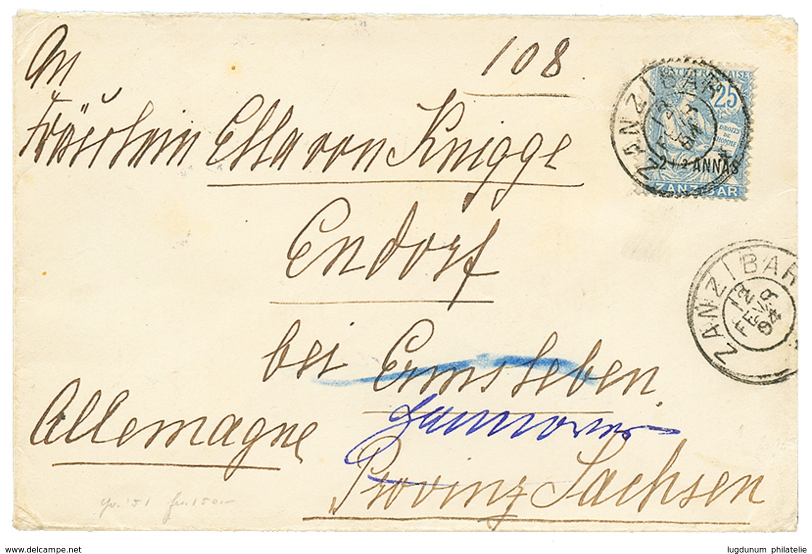 1199 1904 2 1/2a Canc. ZANZIBAR On Envelope To GERMANY. Scarce Commercial Mail. Vvf. - Zanzibar (...-1963)