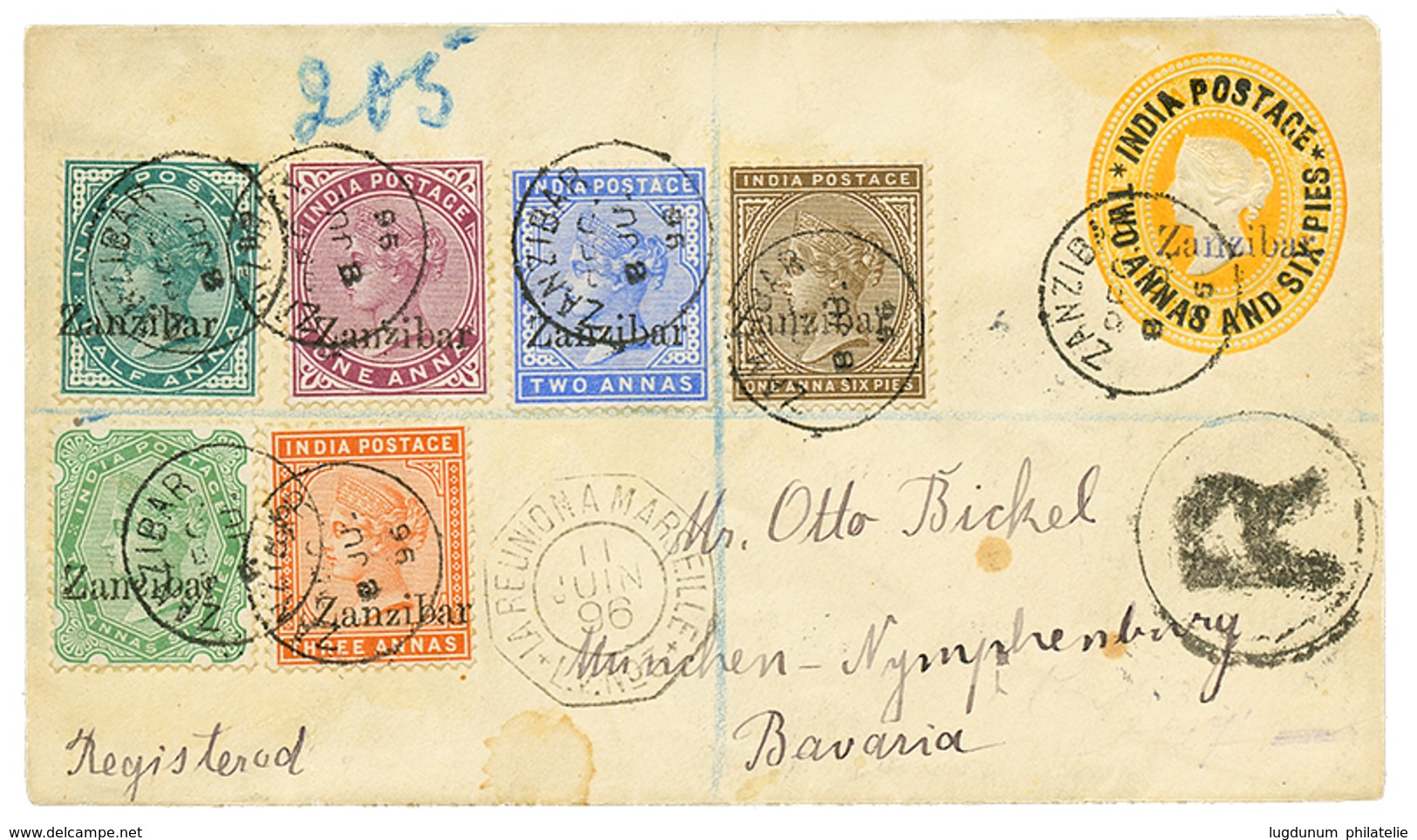 1200 1896 P./Stat 2a 6p + 1/2a+ 1a+ 2a+ 1a 6p+ 2a 6p+ 3a Canc. ZANZIBAR To BAVARIA. Vvf. - Zanzibar (...-1963)