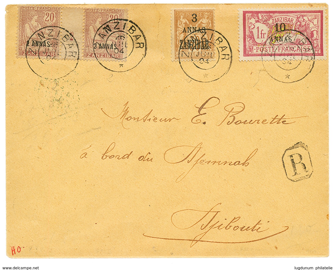 1201 1904 Pair Inter-panneau 2a On 20c + 3a On 30c+ 10a On 1F "MERSON" Canc. ZANZIBAR On REGISTERED Envelope To DJIBOUTI - Zanzibar (...-1963)