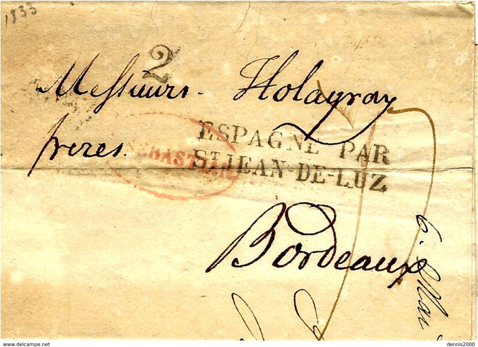 1833- Lettre De San Sebastian Pour Bordeaux -  " ESPAGNE PAR / STJEAN_DE_LUZ " Noir Taxe 17 D + 2 D ( Parcours Espagnol - 1801-1848: Precursors XIX