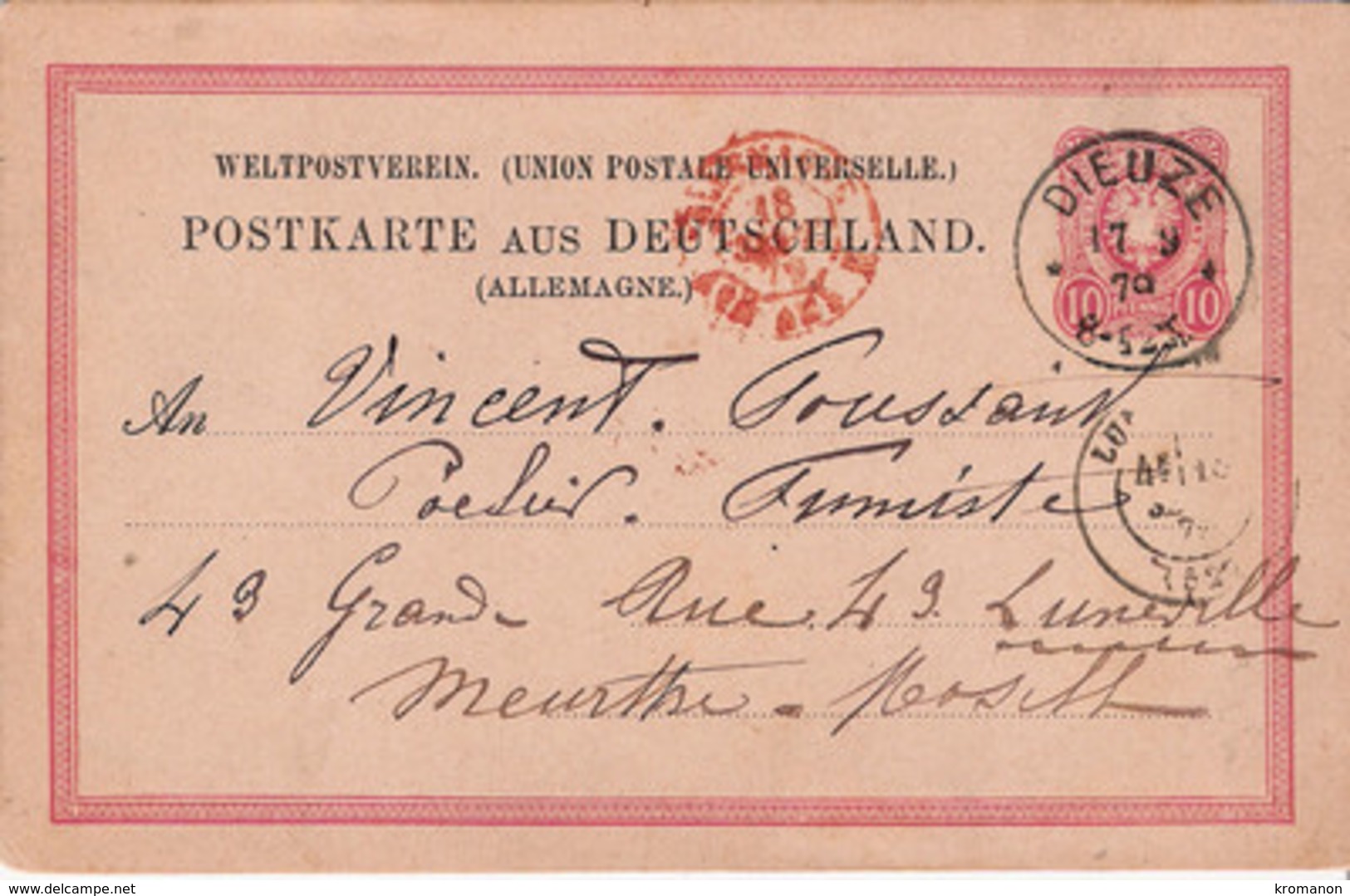 Carte Lettre  Dieuze Allemande 1879 Pour V Toussaint Poelier Fumiste Lunéville Tampon Dieuze - 1800 – 1899