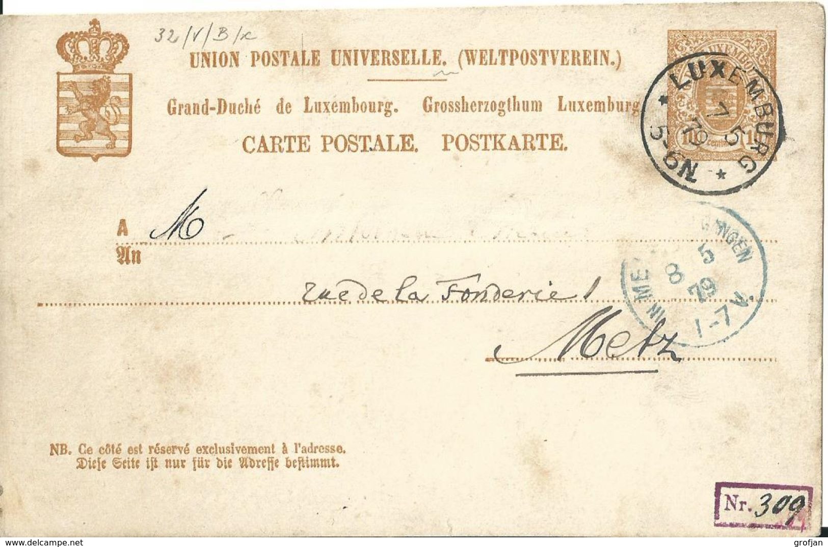 Carte Correspondance - Entier Postal - Korrespondezkarte - Stationery - No. 32 Luxembourg à Metz 1879 - Service