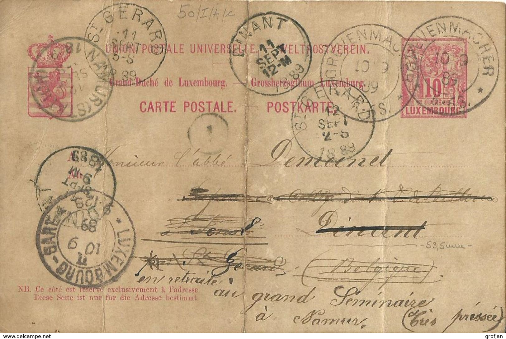 Carte Correspondance - Entier Postal - Korrespondezkarte - Stationery - No. 50 Grevenmacher Par Dinant à Namur 1889 - Service