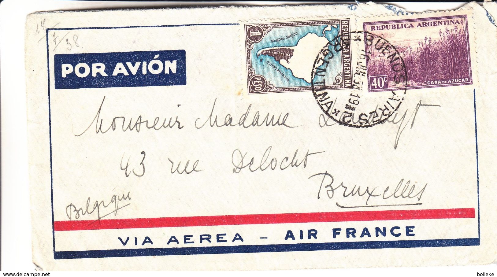 Argentine - Lettre De 1938 - Oblit Buenos Aires - Exp Vers Bruxelles - Carte D'Amérique Du Sud + Argentine - Covers & Documents