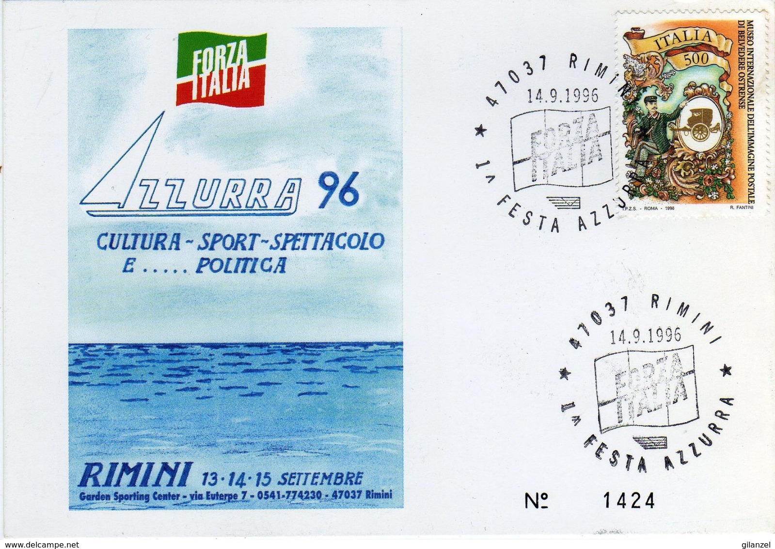 Italia 1996 Rimini Partiti Politici FORZA ITALIA 1^ Festa Azzurra Annullo Cartolina Dedicata - Altri & Non Classificati