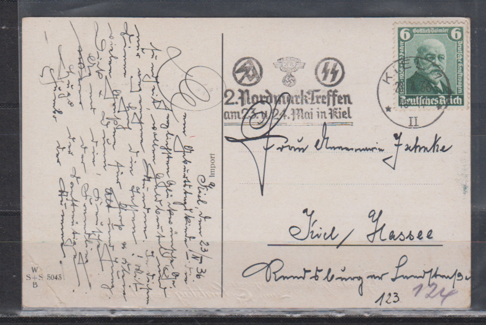 Dt.Reich Seltener Werbe-o Kiel/1936 2.Nordmark-Treffen SA SS In Kiel Auf JUX-Geburtstagskarte EF 604 - Lettres & Documents