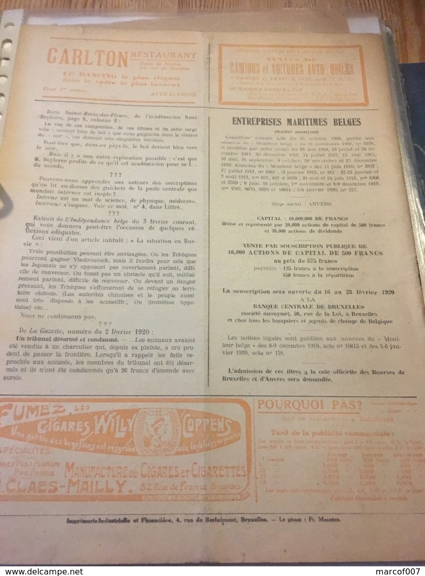 Gazette Le Pourquoi Pas ? Février 1920 - Andere & Zonder Classificatie