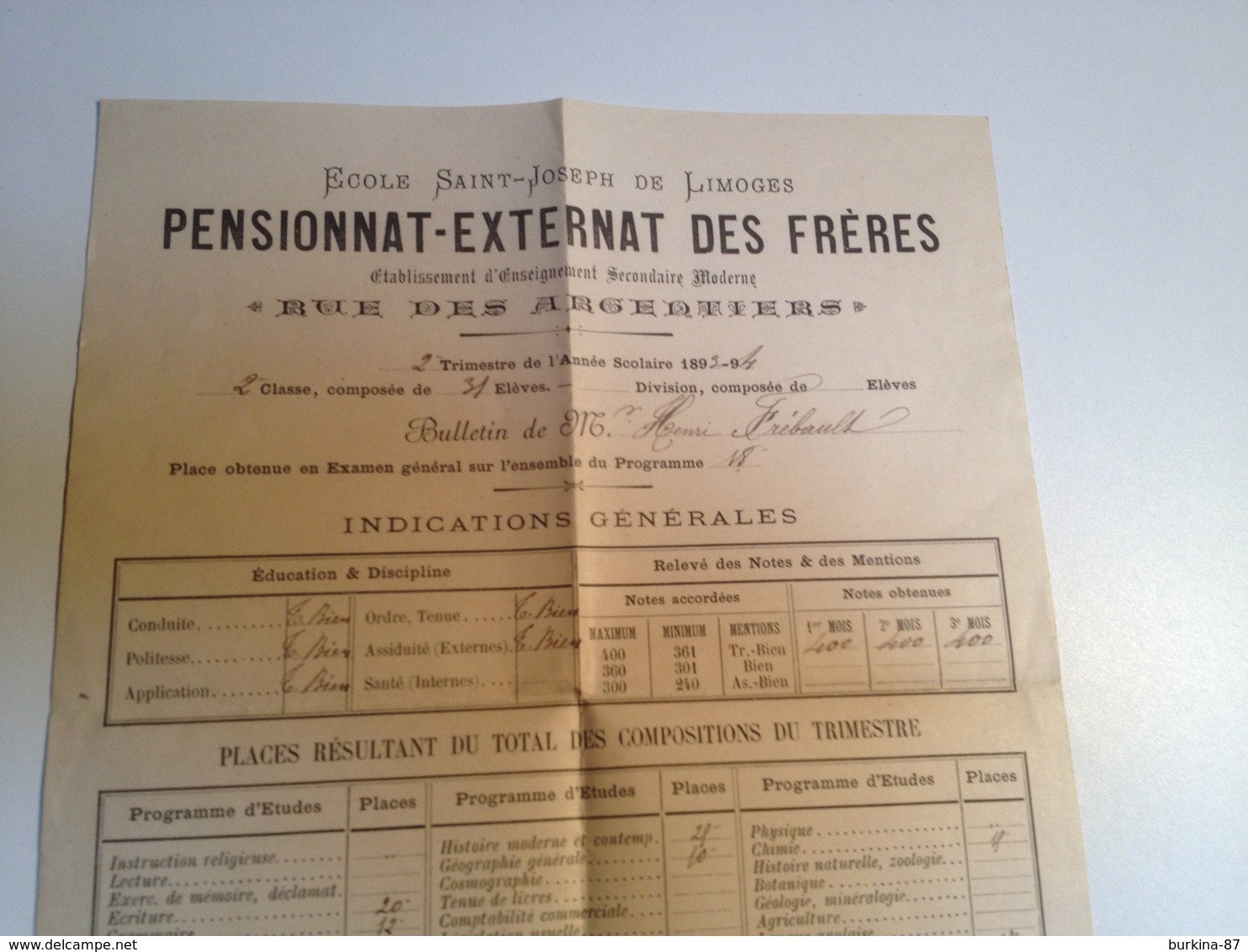 LIMOGES, Pensionnat,  Ecole St Joseph, Bulletin Scolaire , 2eme Trimestre, 1893 - Diplômes & Bulletins Scolaires