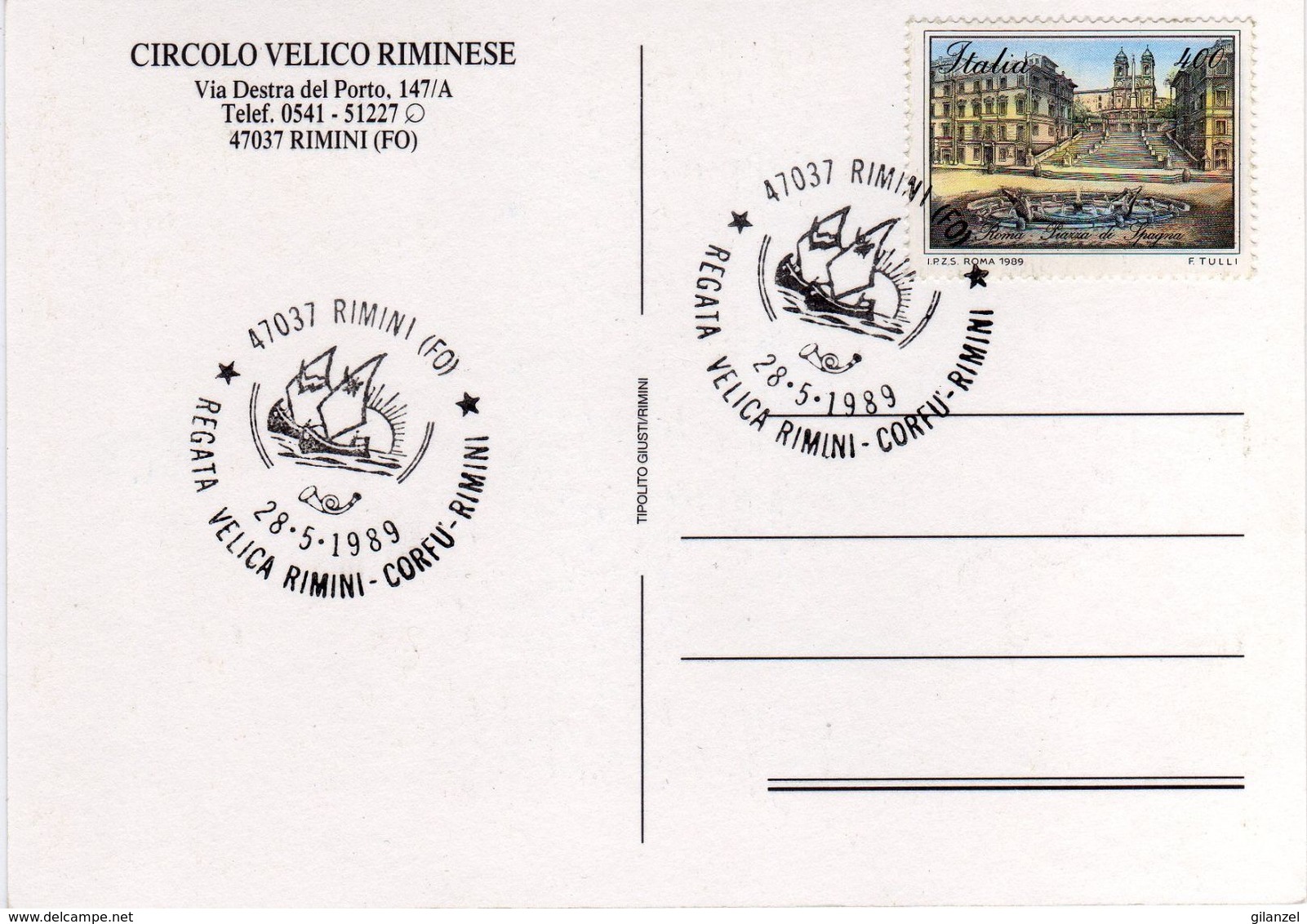 Italia 1989 Rimini Regata Velica Rimini Corfù Rimini Annullo Cartolina Dedicata - Vela