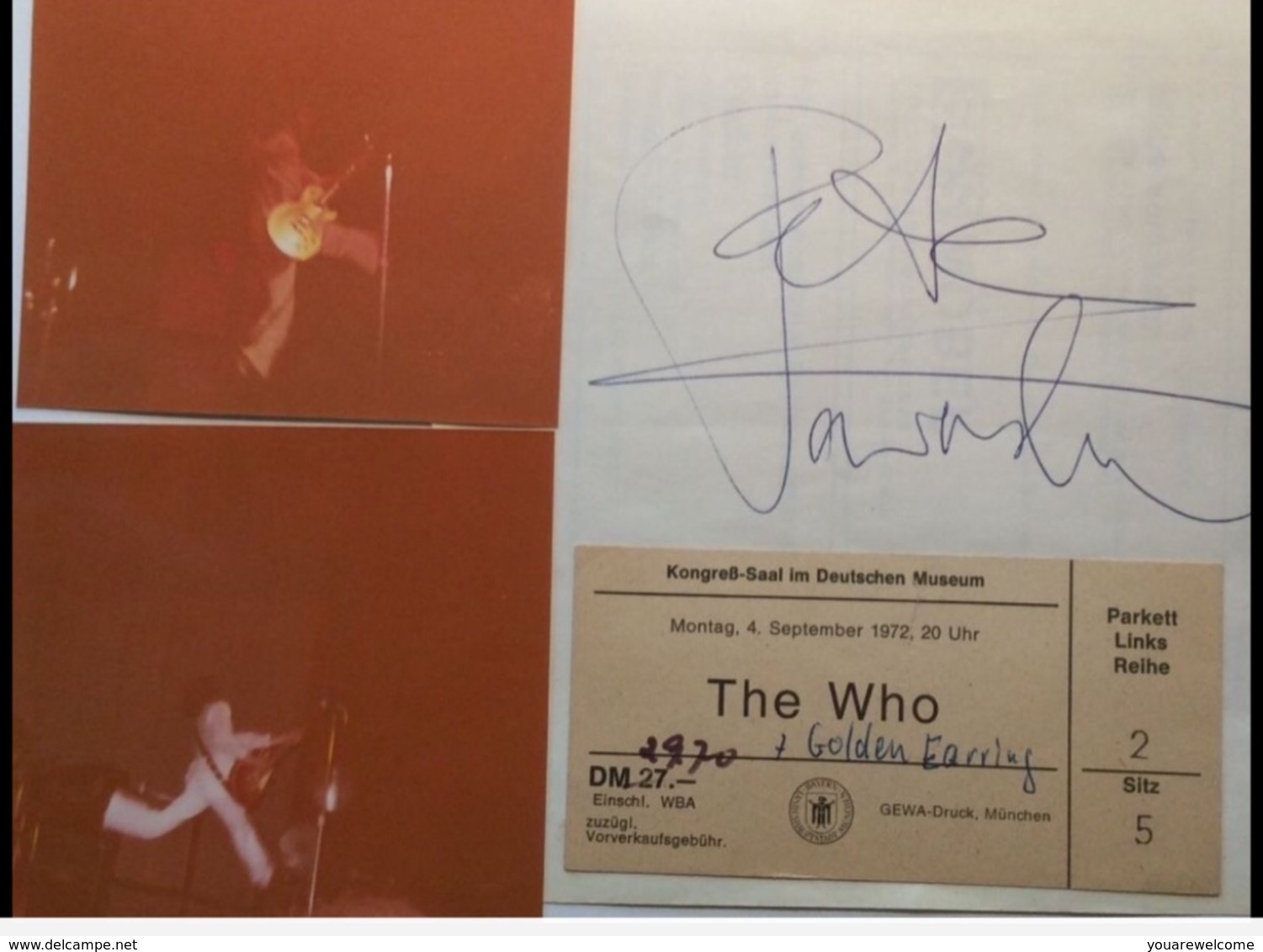 Pete Townshend THE WHO Rock Band Autograph + 2 Photograph From Concert München-1972 (music Memorabilia Autographe - Handtekening