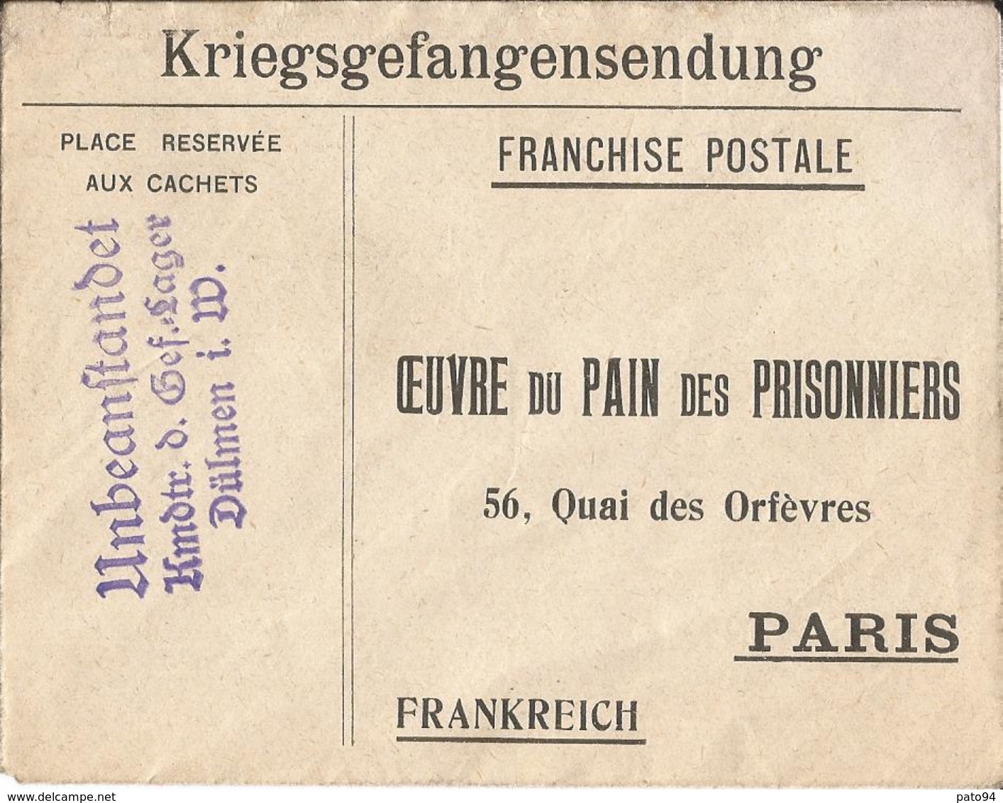 Env.  De  Prisonnier  De  Guerre  Camp  De  DÜLMEN  ( Allemagne )  Envoi  à  PARIS  Oeuvre Du Pain Des Prisonniers - Guerre De 1914-18