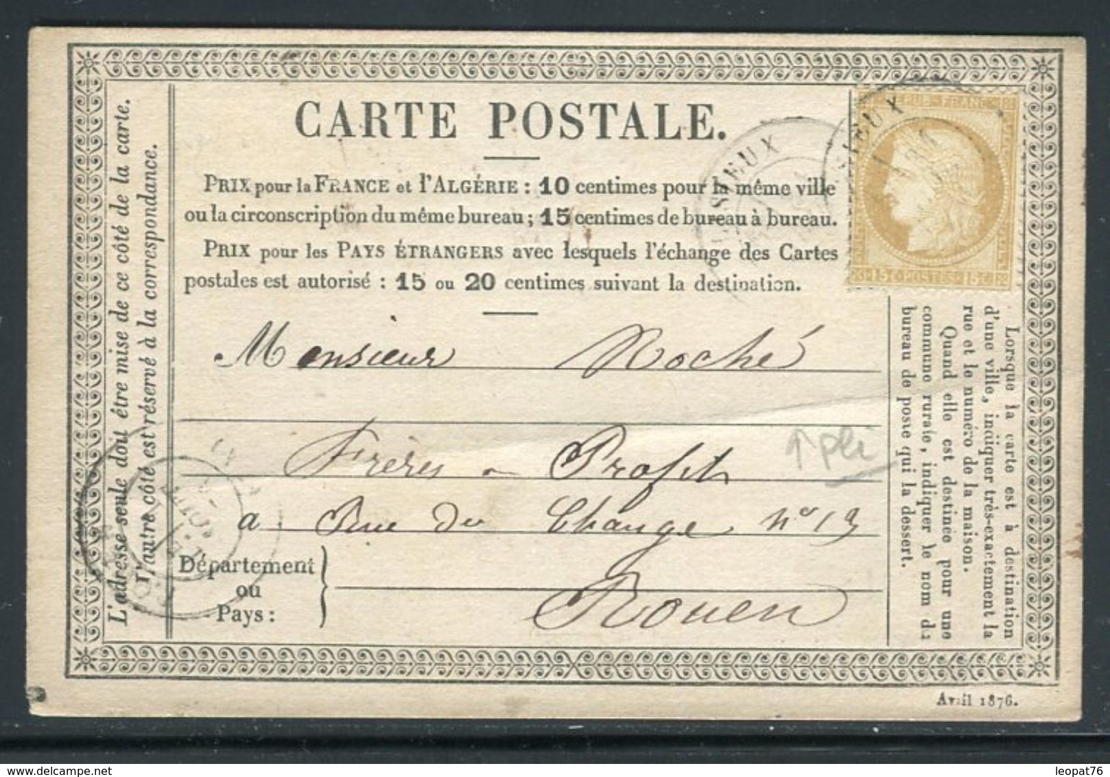 Carte Précurseur ( Petit Pli ) De Lisieux Pour Rouen En 1876 , Affranchissement Cérès - Ref J 75 - Vorläufer