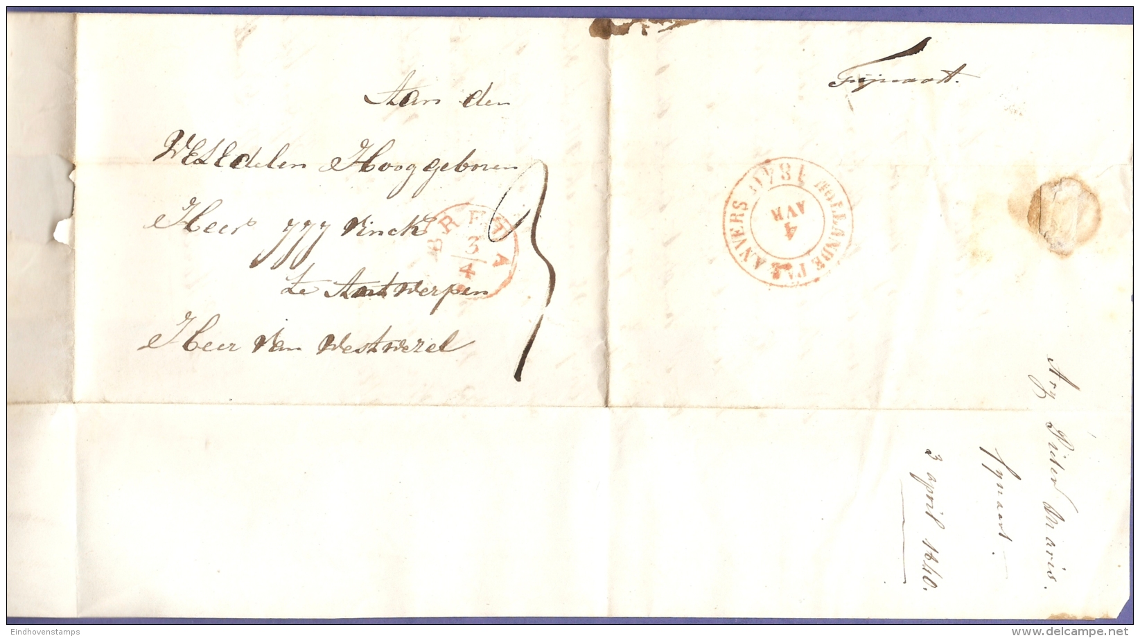Netherlands 1840, Full Letter Fijnaart , April 3, Breda. Red Single Ring 3/4 And Hollande Par Anvers To Antwerpen, Belg. - ...-1852 Precursori