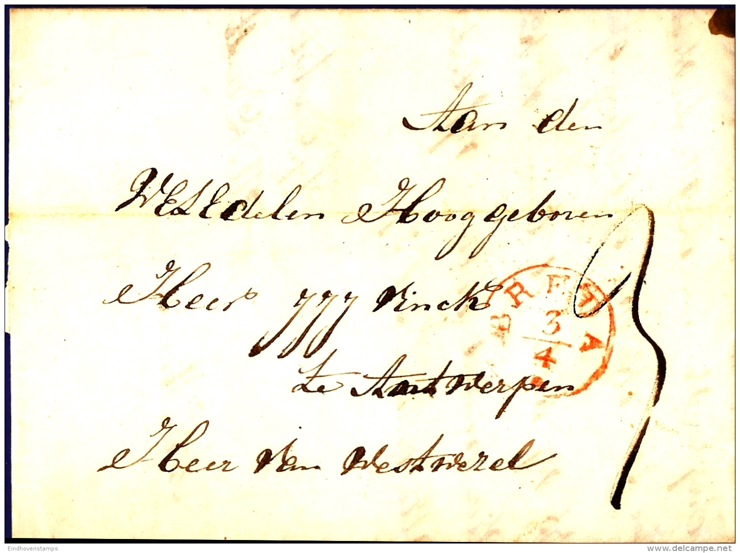 Netherlands 1840, Full Letter Fijnaart , April 3, Breda. Red Single Ring 3/4 And Hollande Par Anvers To Antwerpen, Belg. - ...-1852 Precursori