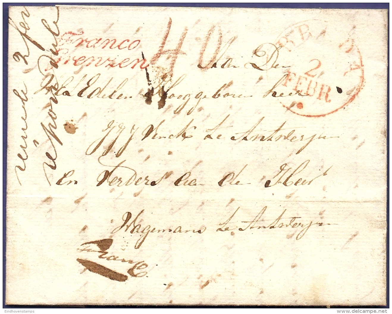 Netherlands 1835 Letter Fijnaart, 31 Janvier, Breda Red Single Ring 2 Febr And Franco Grenzen To Antwerpen, Belg. Due 40 - ...-1852 Vorläufer