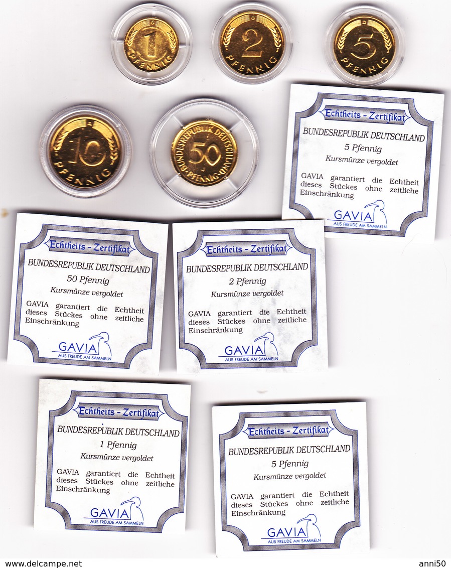 Münzen BRD, 1, 2, 5 10, 50 Pfennig,  24 Karat Vergoldet, In Kapsel - Sonstige & Ohne Zuordnung