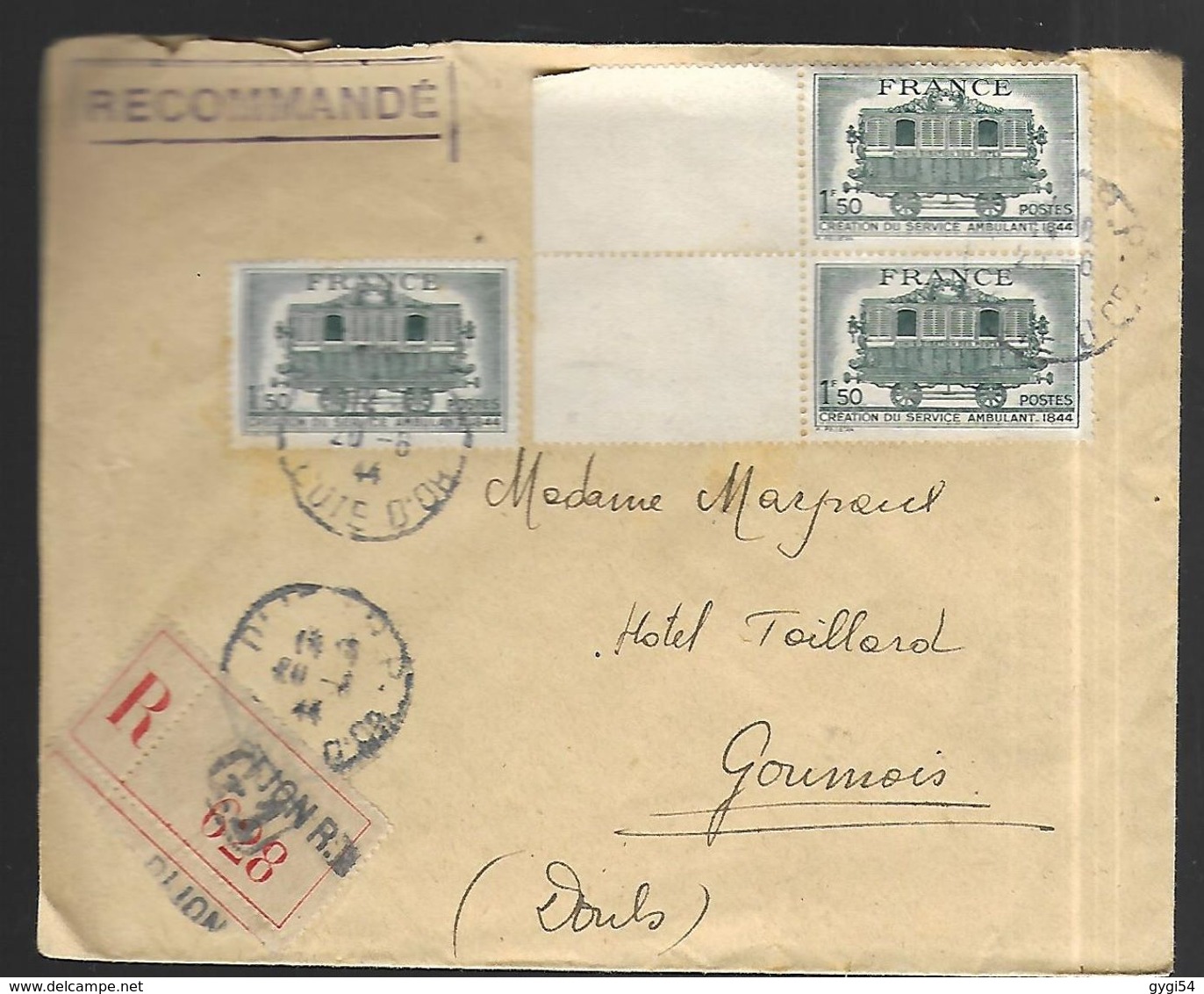 France  Lettre Recommandée   DU  20  08 1944 De Dijon Vers Goumois 21 - Covers & Documents