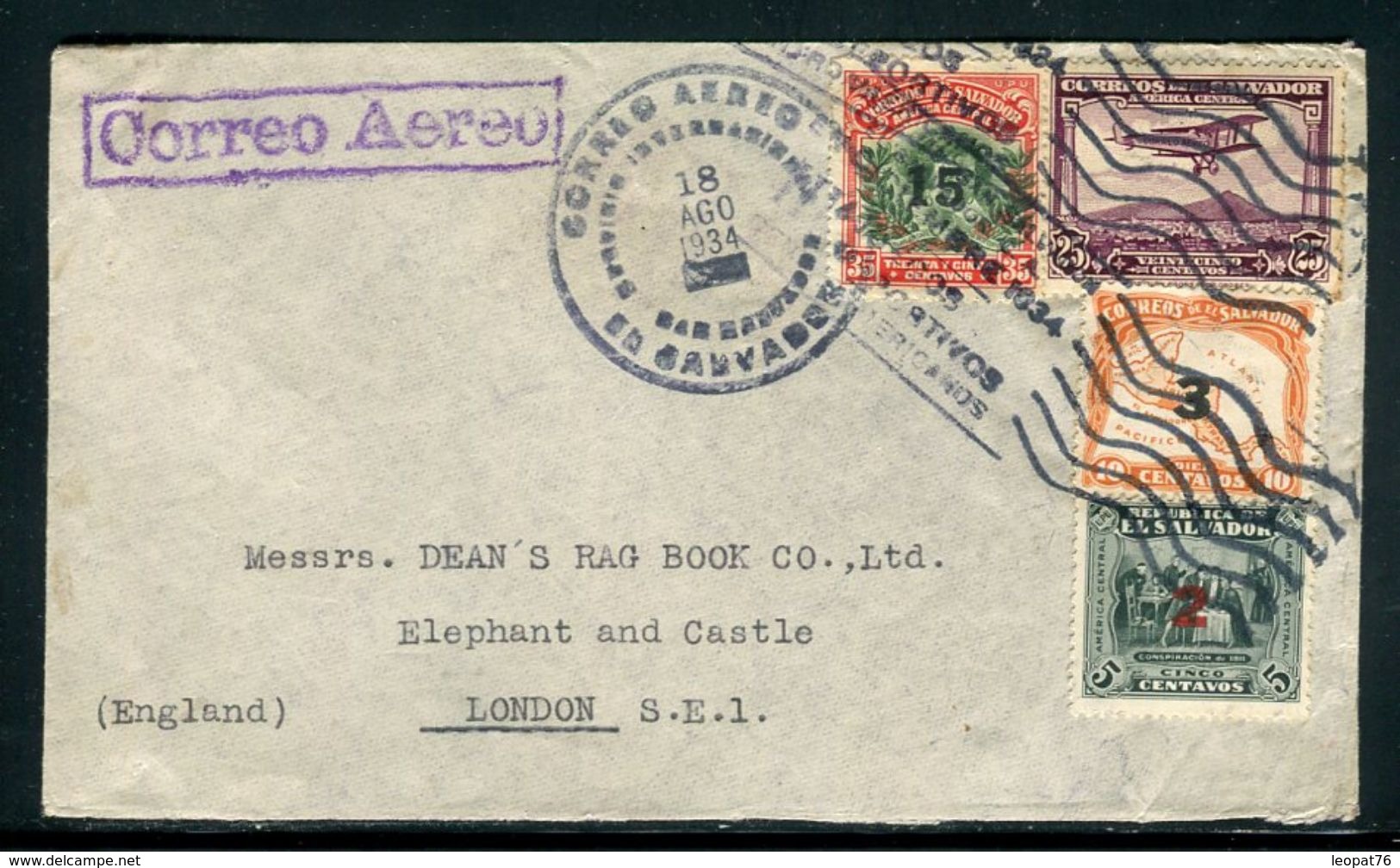 Salvador - Enveloppe De Santa Ana Pour Londres En 1934 Par Avion ,affranchissement Et Oblitération Plaisants - Ref J 104 - Salvador