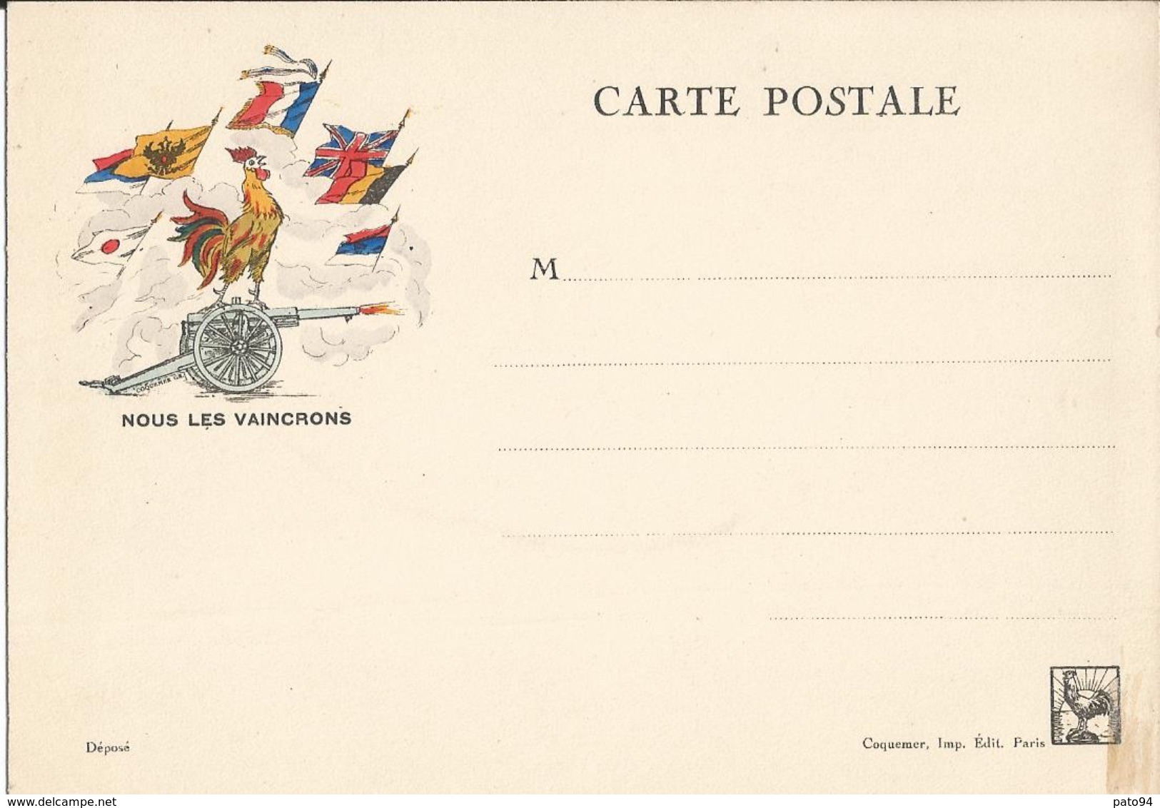 CARTE  FRANCHISE  MILITAIRE  " NOUS  LES  VAINCRONS "  /  Coq  Canon  7  Drapeaux - Lettres & Documents