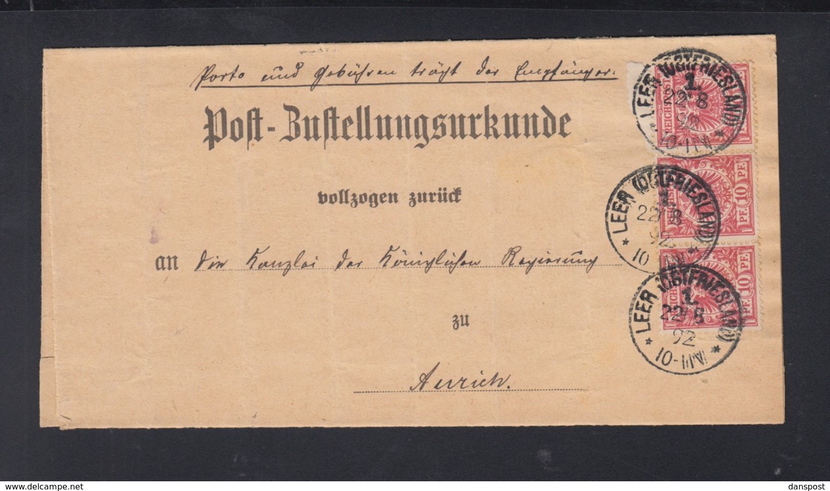 Dt. Reich Post-Zustellungsurkunde Leer 1892 - Briefe U. Dokumente