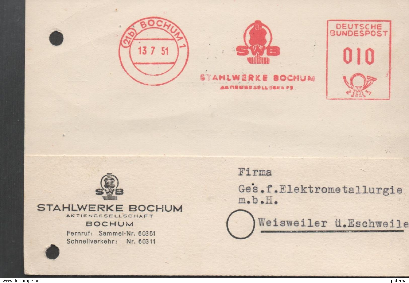 3241  Tarjeta Privada Bochum 1951, - Briefe U. Dokumente
