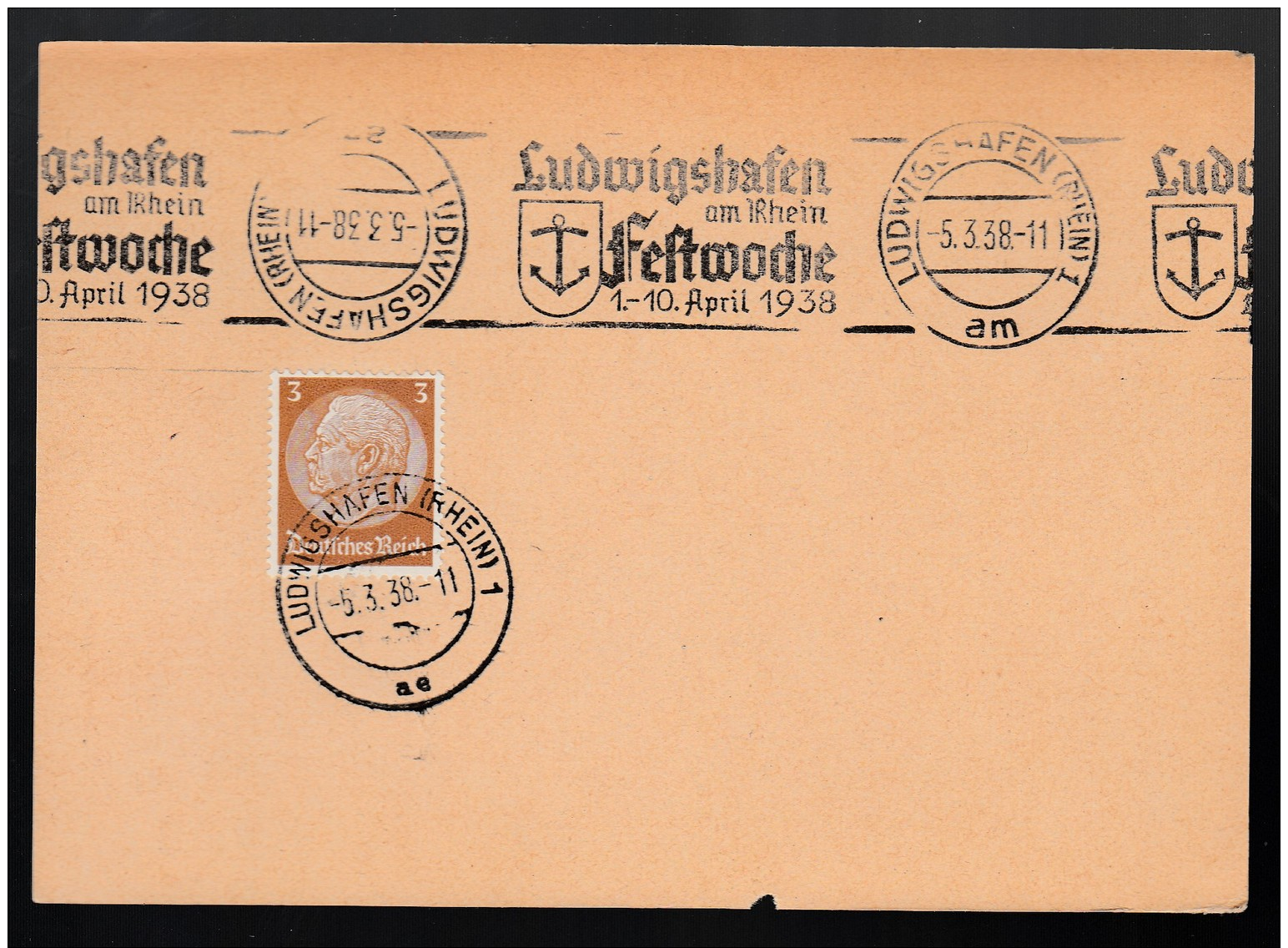 DR Postkarte Sonderstempel 1938 Ludwigshafen Festwoche K1349 - Maschinenstempel (EMA)