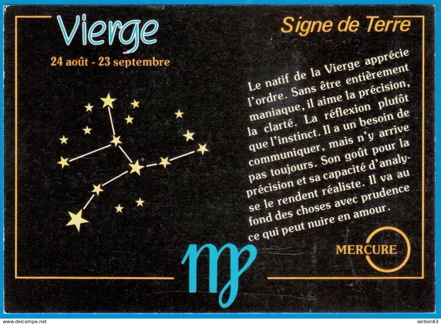 HOROSCOPE SIGNE DU ZODIAQUE CARTE POSTALE COULEUR VIERGE SIGNE DE TERRE MERCURE - NOTRE SITE Serbon63 - Astronomie