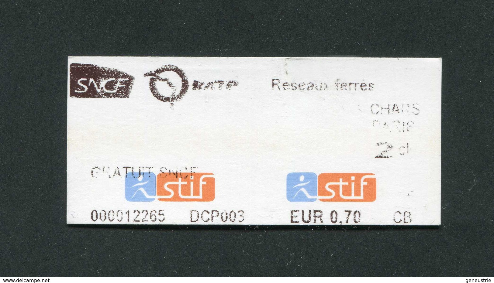 Ticket De Train "Gratuit SNCF - Chars -> Paris" Billet DeTrain - Paris - Europa