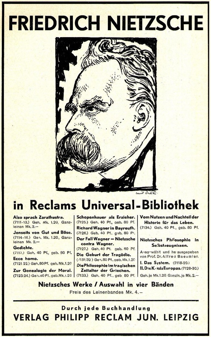 Original-Werbung/ Anzeige 1931 - FRIEDRICH NIETZSCHE / VERLAG PHILIPP RECLAM JUNIOR - LEIPZIG  - Ca. 140 X 230 Mm - Werbung