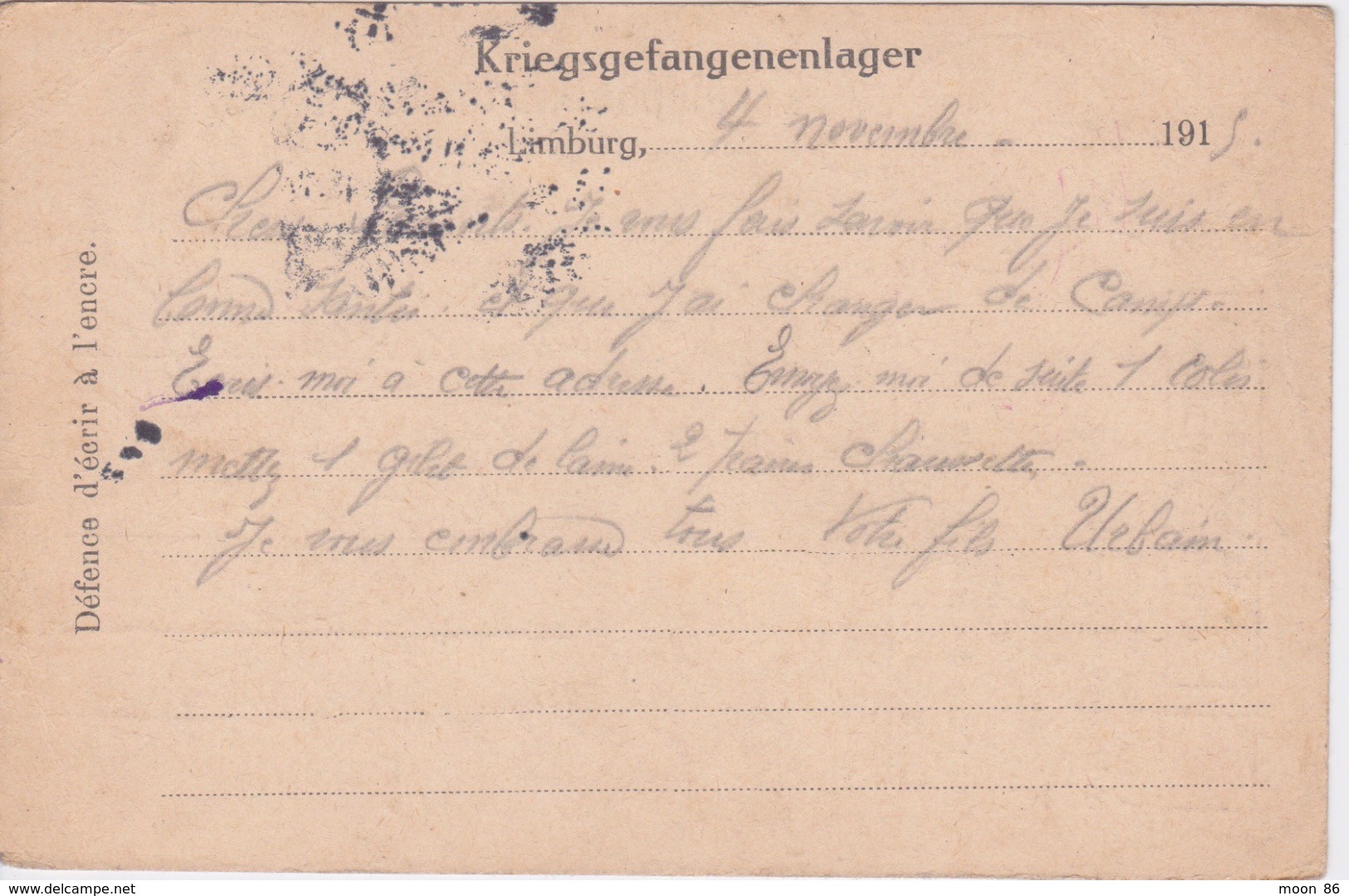 1915 - LETTRE D'UN MILITAIRE PRISONNIER A LIMBURG  TO VERTILLAC DORDOGNE 24 - Weltkrieg 1914-18