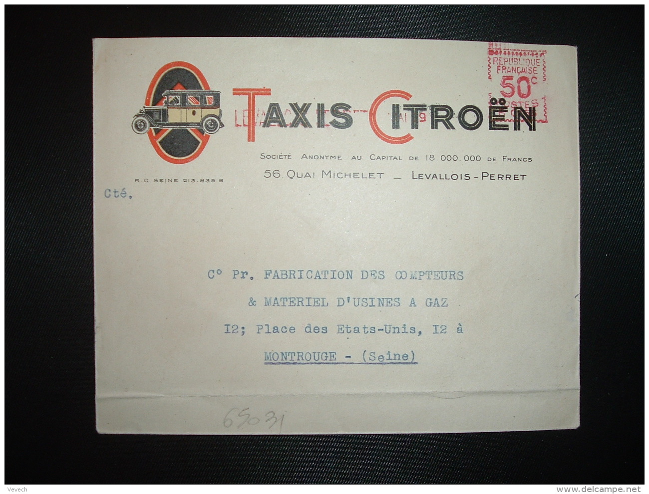 LETTRE EMA B 0155 à 50c Du 1 MAI 29 LEVALLOIS PERRET (92) TAXIS CITROEN (TRES RARE) - Affrancature Meccaniche Rosse (EMA)