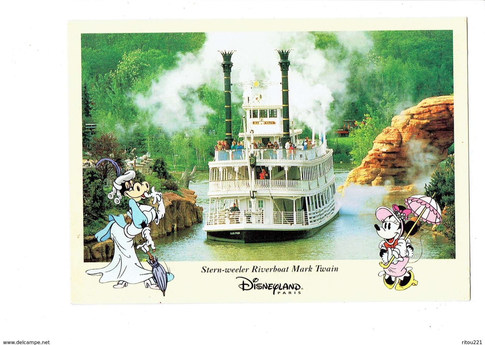 Cpm EURO DISNEY Disneyland Paris 1996 Bateau Vache Clarabelle Parapluie Minnie STERN-WEELER RIVERBOAT MARK TWAIN - Disneyland