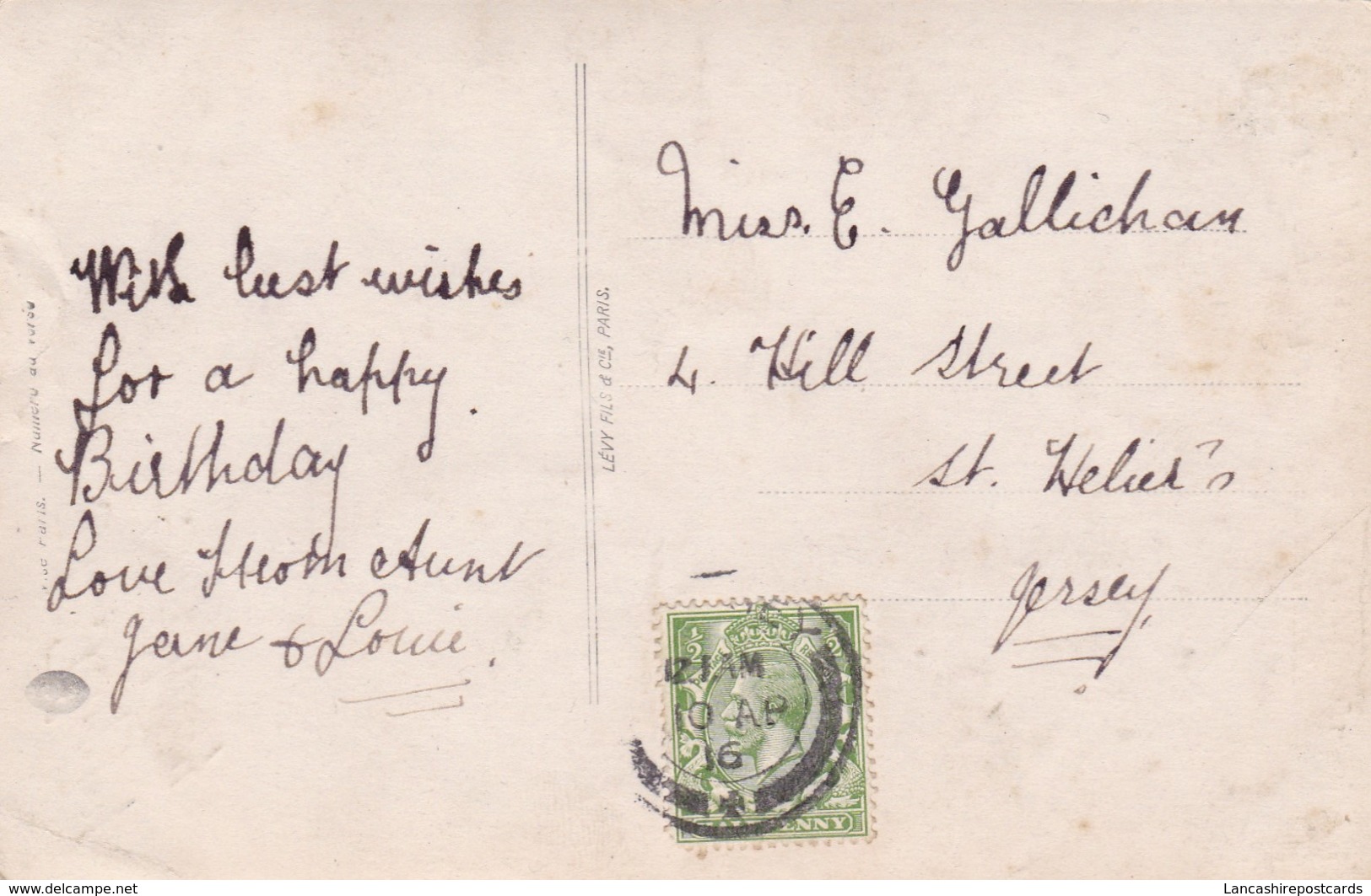 Postcard Genealogy To Miss Gallicham Hill Street St Helier Jersey PU 1916 By Levy Fils Paris My Ref  B11821 - Genealogie
